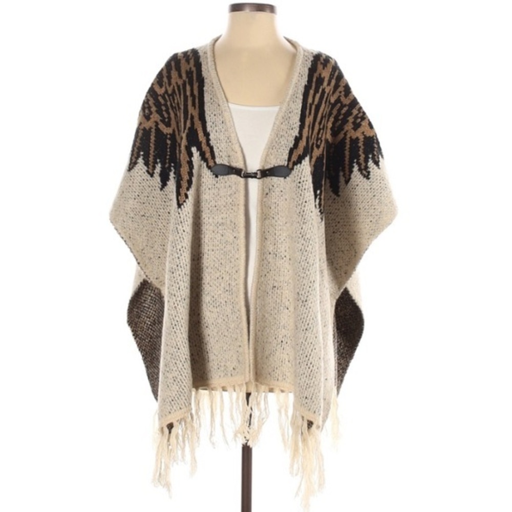 Vertigo size S/M tan & brown BOHO fringed v-neck thick knit cape poncho w eagle